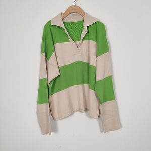QU Style Women's Striped Sweater Cream Green Size Large Color Block V-neck Fall